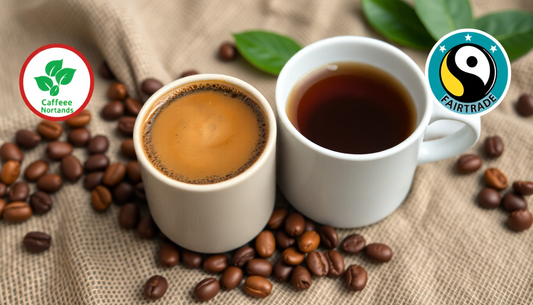 Two coffee cups with fresh coffee surrounded by coffee beans and fair trade certification logos on burlap background for fair gehandelter Kaffee 2026