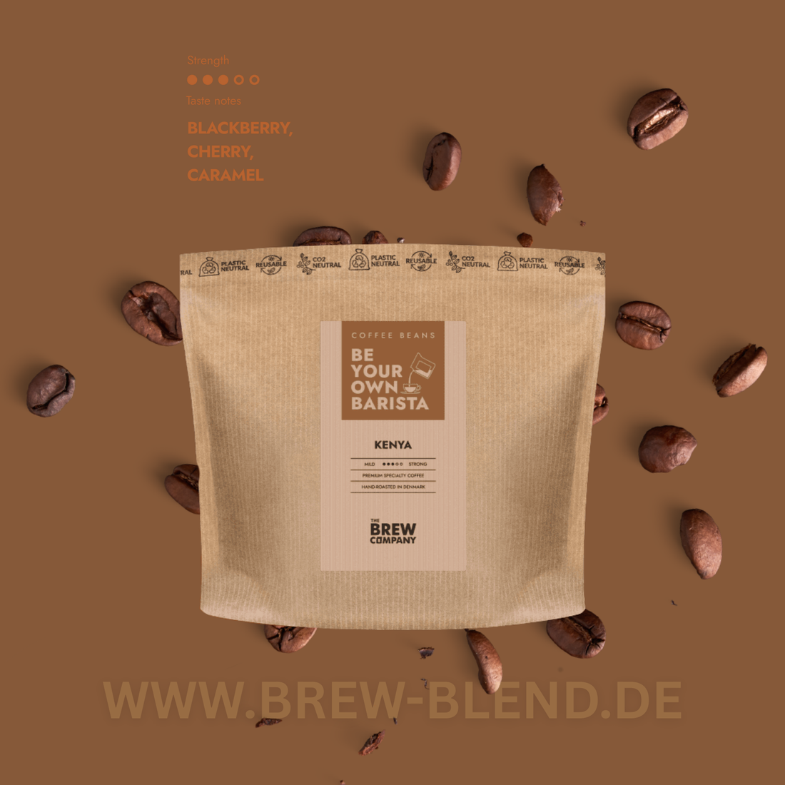 Kenya Arabica Kaffeebohnen Blue Mountain mit fruchtigen Noten von Brombeere, Kirsche und karamell, nachhaltig verpackt