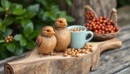 Zwei kleine Vögel neben Kaffeebohnen und einer blauen Tasse auf Holzbrett mit brasilianischem Coffee Cherry im Hintergrund
