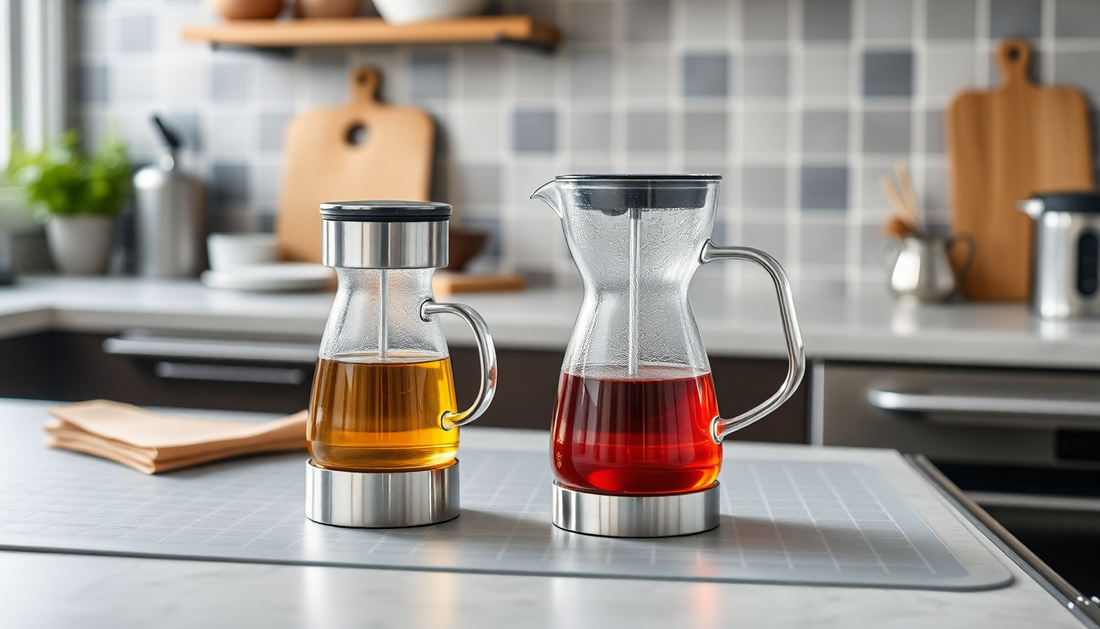 Zwei moderne Tea Brewer Modelle mit Lichttee und rotem Tee stehend auf Küchenarbeitsplatte vor Fliesenspiegel.
