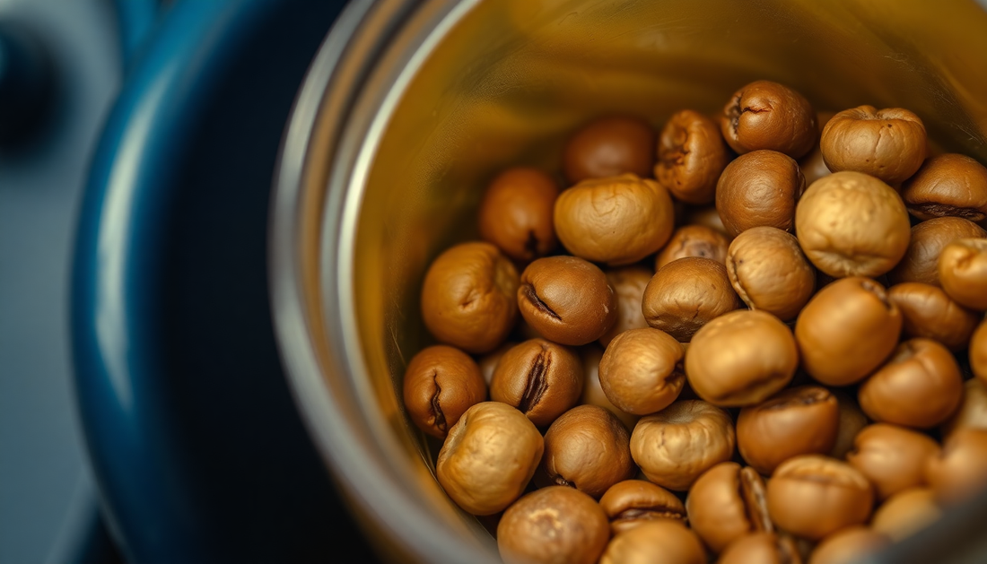 Nahaufnahme von Kaffeebohnen in einer Kaffeemühle zum Thema Kaffeemühle reinigen und perfekte Kaffee-Mahlung mit Grindz.