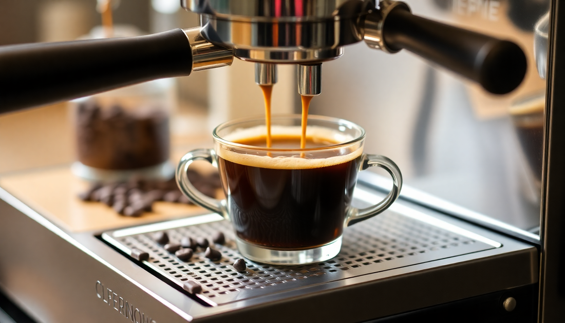 Espresso coffee being brewed from professional espresso machine into a glass cup on drip tray with coffee beans nearby, representing innovative premium coffee enjoyment and Kaffeegenuss Revolution.