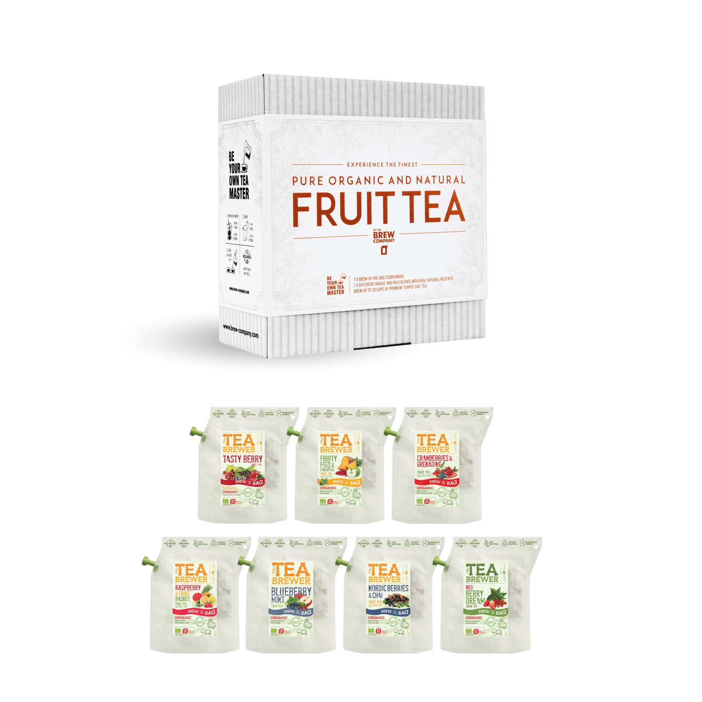 Detaillierte Ansicht des Fruit TeaBrewer Sets mit verschiedenen Teesorten