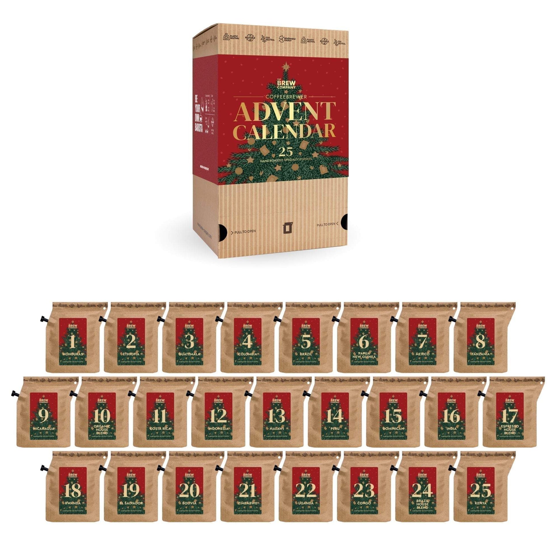 Kaffeebeutel und Süßigkeiten in der Adventskalender-Box